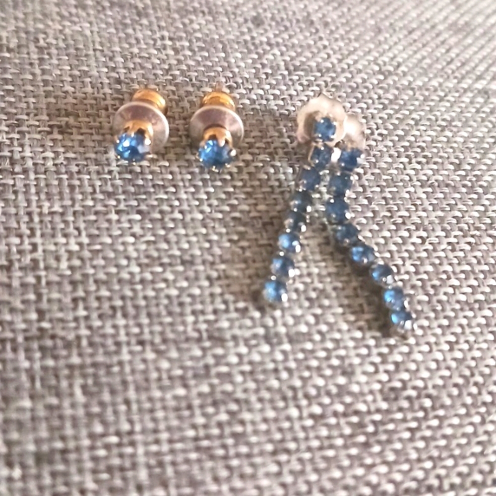 Dainty Sapphire Blue Small Studs and Dangle Earrings (.75") - Pre-loved